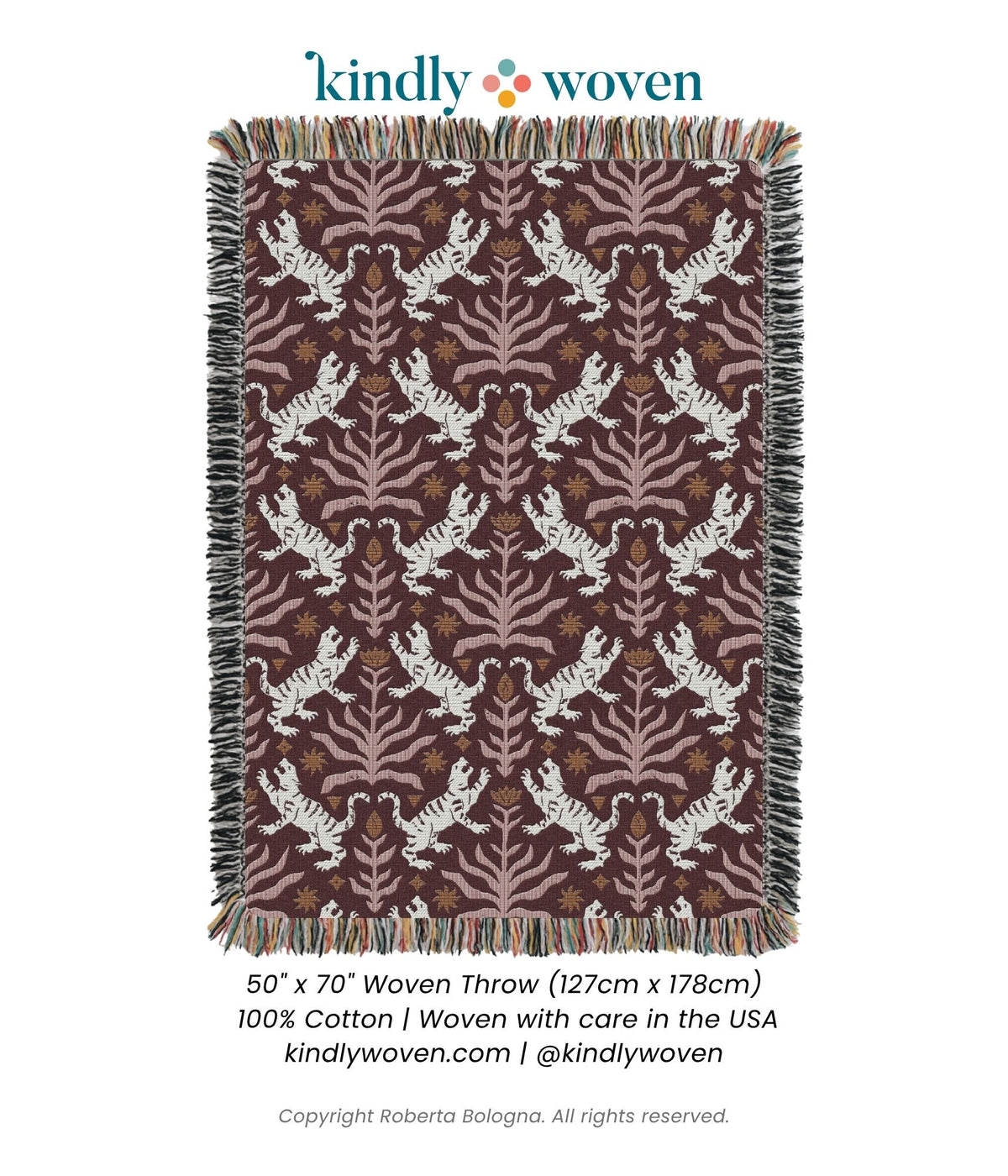 Leona Solstice product card showing the full red tiger folk-art woven throw blanket