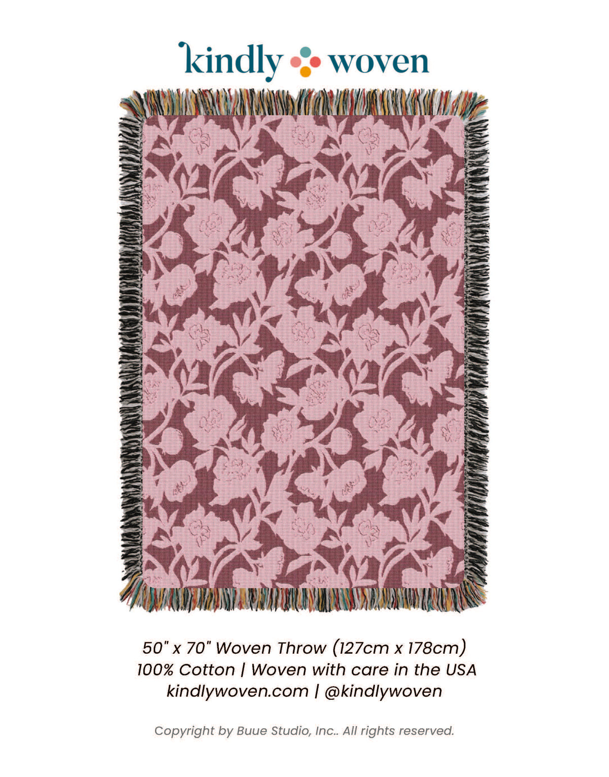 Full view of Addy Mulberry pink floral reversible woven throw blanket with fringe