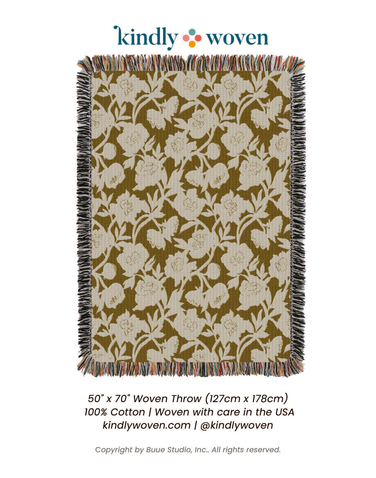 Full view of Addy Ochre gold floral reversible woven throw blanket with fringe
