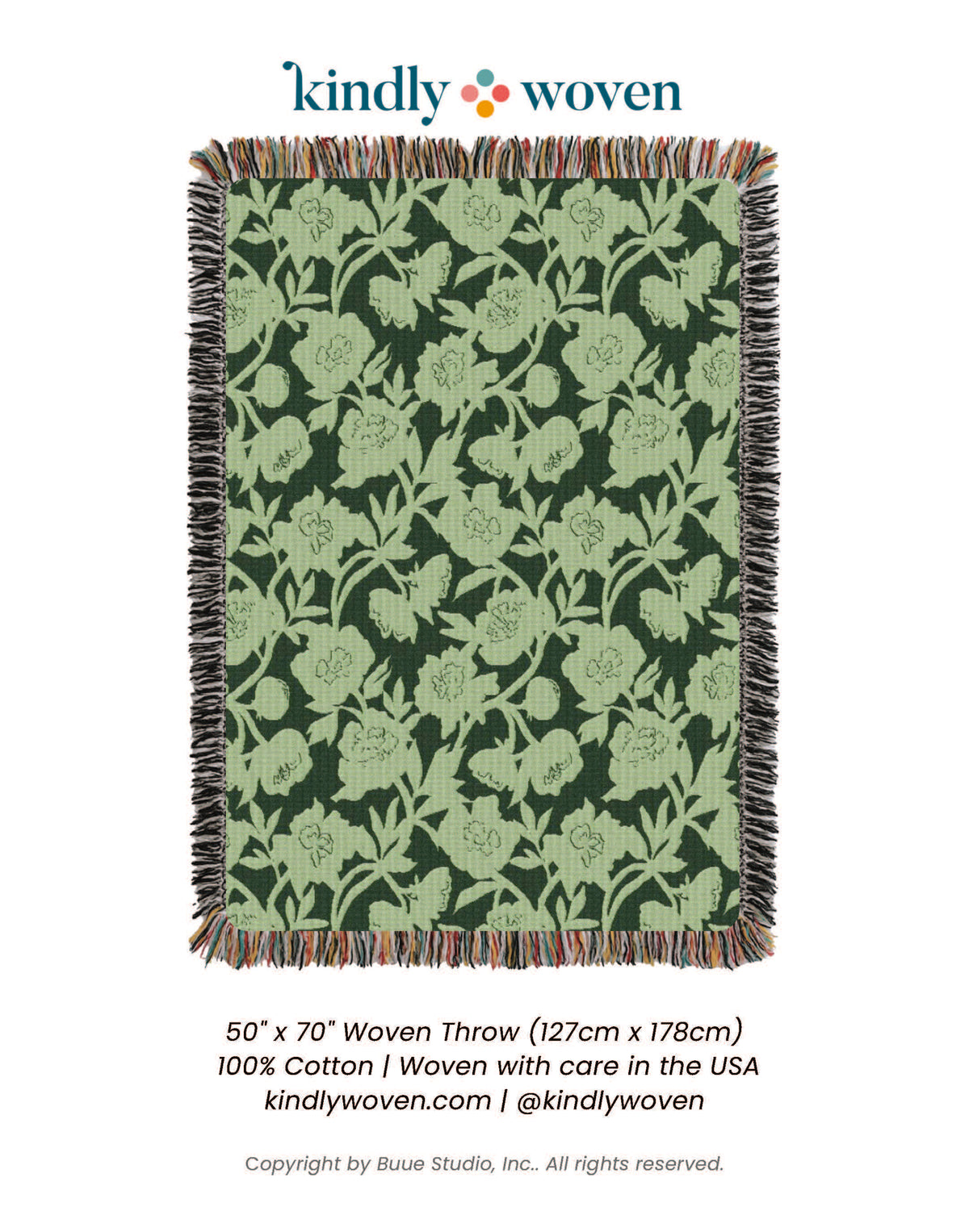Full view of Addy Spruce green floral reversible woven throw blanket with fringe