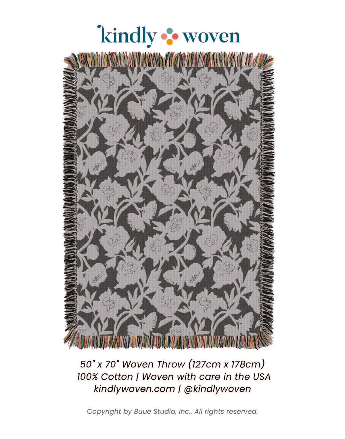 Full view of Addy Tuffet neutral floral reversible woven throw blanket with fringe