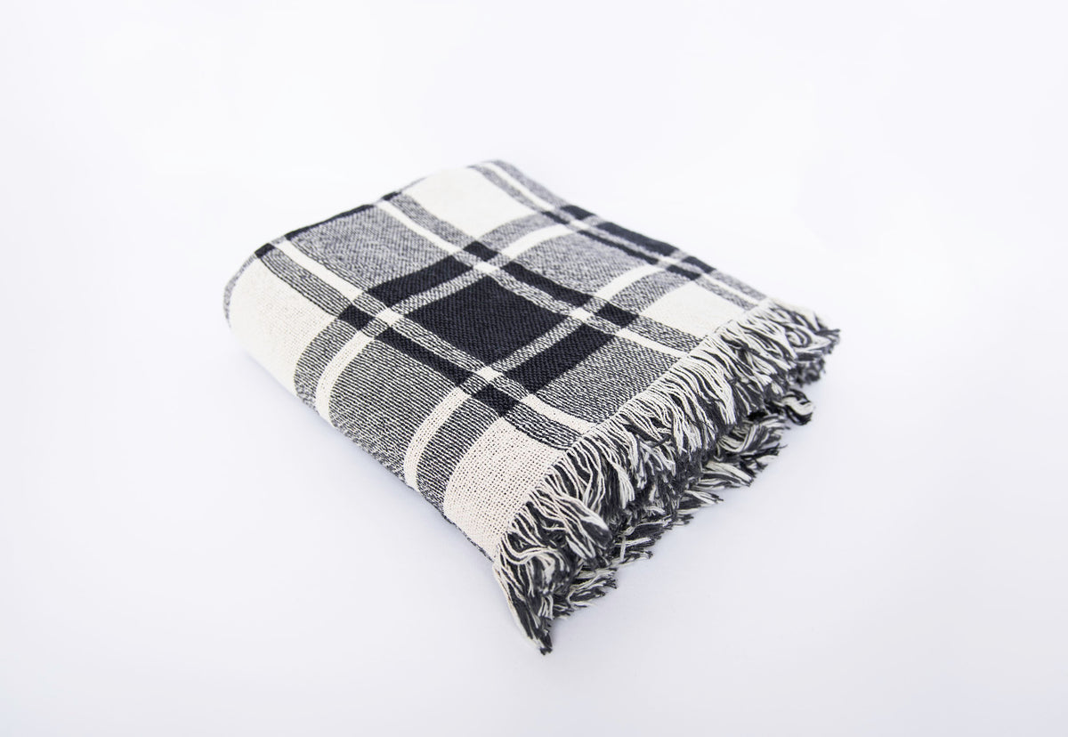 Folded Ellis black-and-white plaid reversible jacquard woven throw blanket