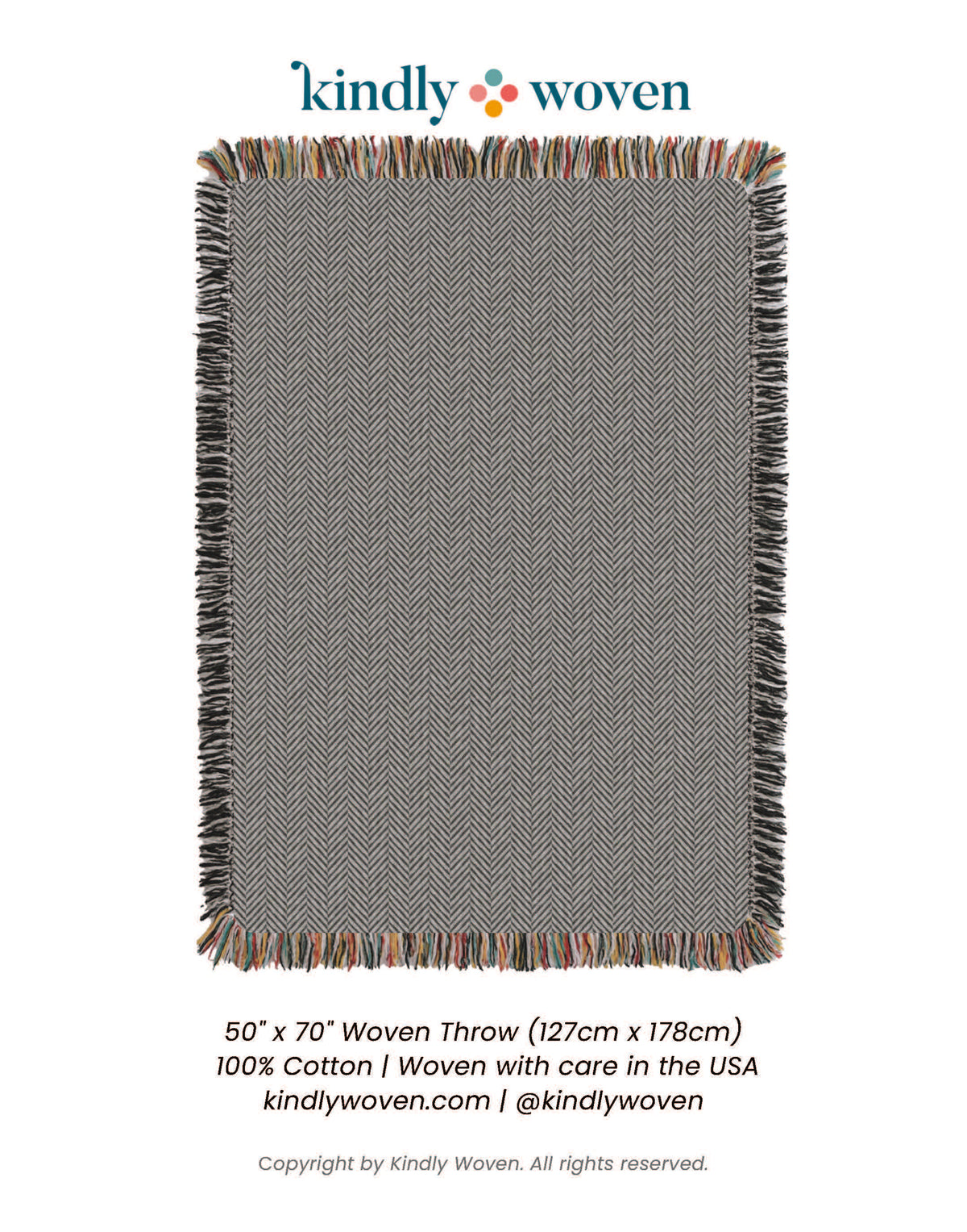 Full view of Henry Stone neutral herringbone reversible woven throw blanket with fringe