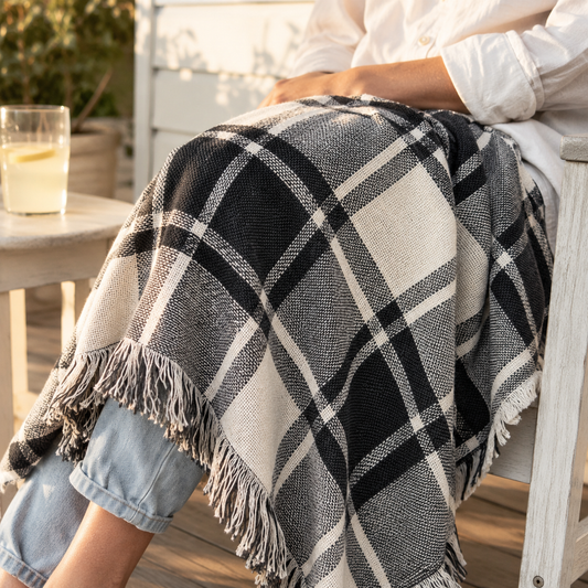 Black and White Plaid Jacquard Woven Throw Blanket, Reversible Cotton Throw, Made in USA | Ellis Graphite