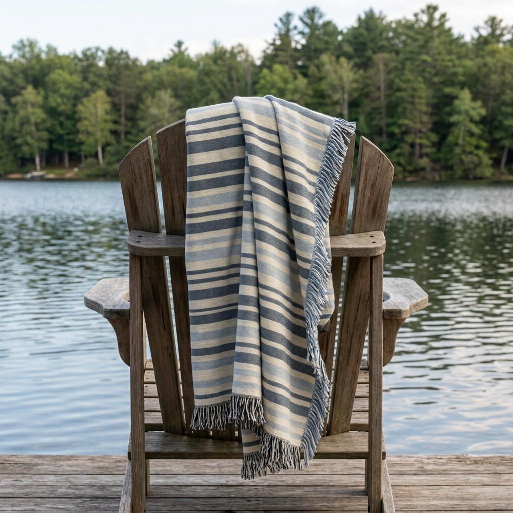 Blue Coastal Stripe Jacquard Woven Throw Blanket, Reversible Cotton Throw, Made in USA | Sutton Delft