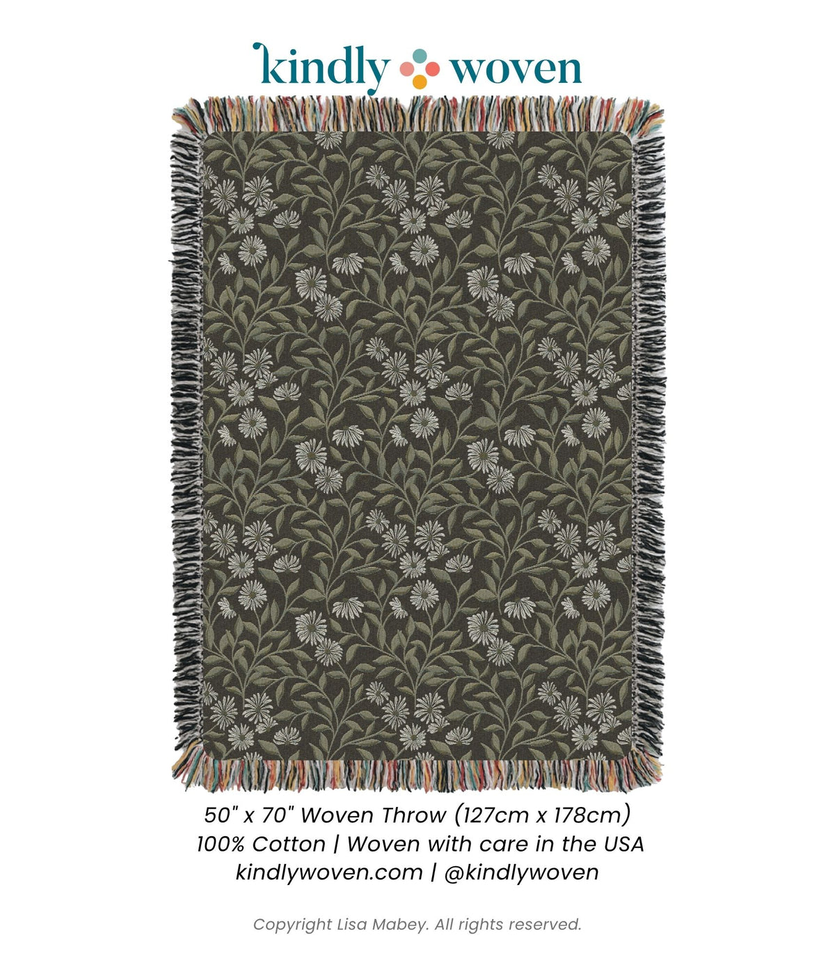 May Bramble product card showing the full black and gold floral botanical woven throw blanket