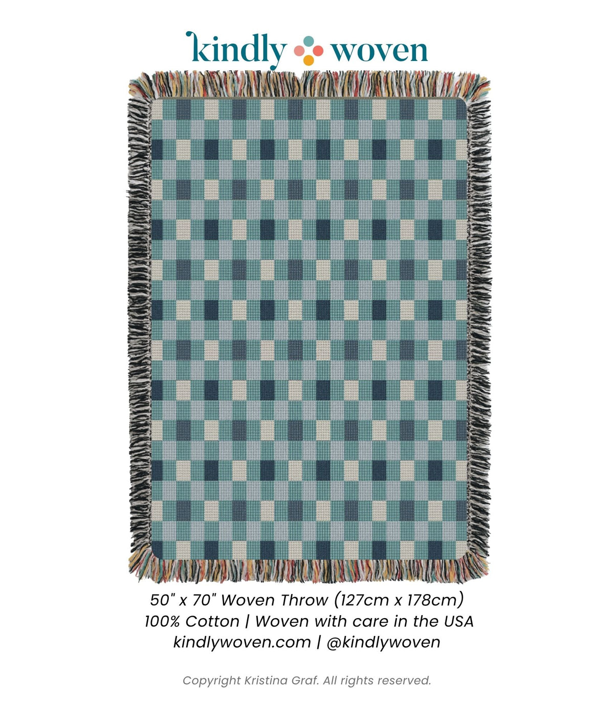 Full view of Tilda Bayberry blue and cream check woven throw blanket with fringe