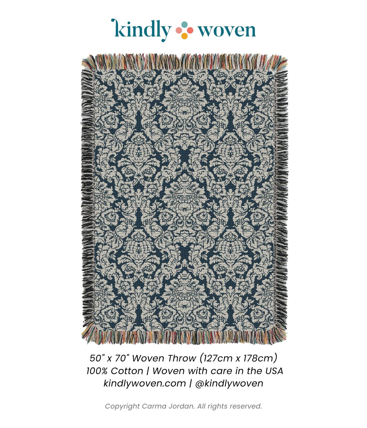 Verona Cerulean product card showing the full blue and cream damask floral woven throw blanket