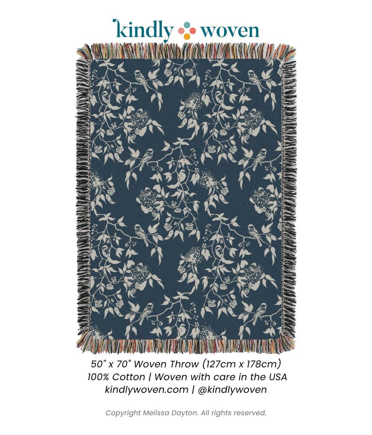 Kindly Woven Wren Tidesong product card showing the full bird and botanical woven throw blanket